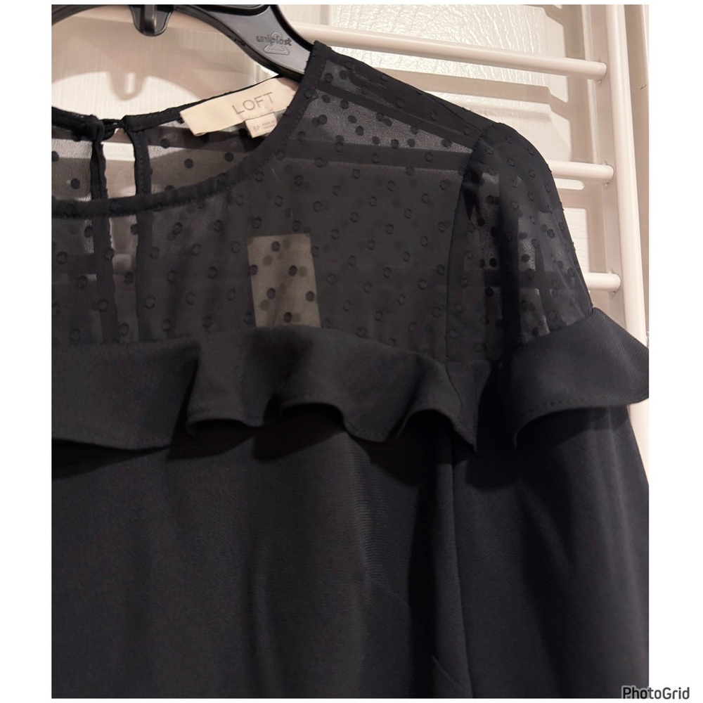NWT Loft Black Sheer Dot Ruffle Yoke Dress Size 6P Petite Mini - Picture 2 of 9